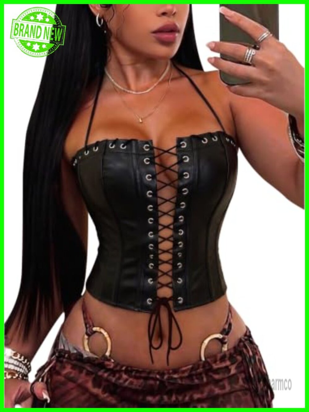 Faux Leather Corset Halter Bustier Top Y2K Lace Up